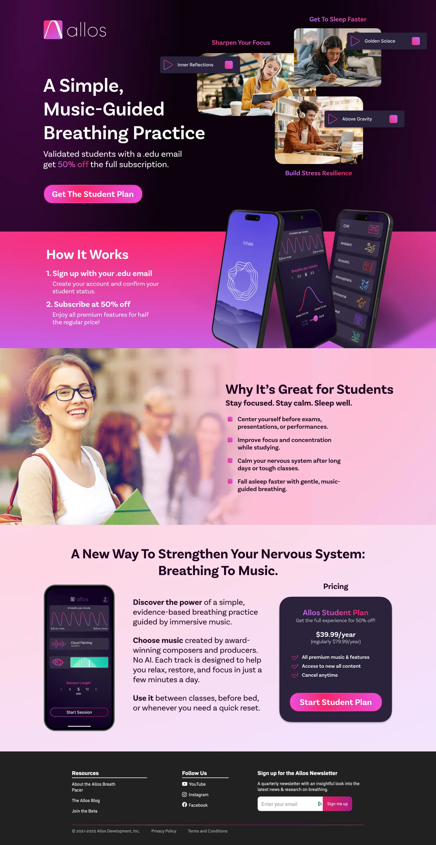 Allos student plan landing page: A simple, music-guided breathing practice