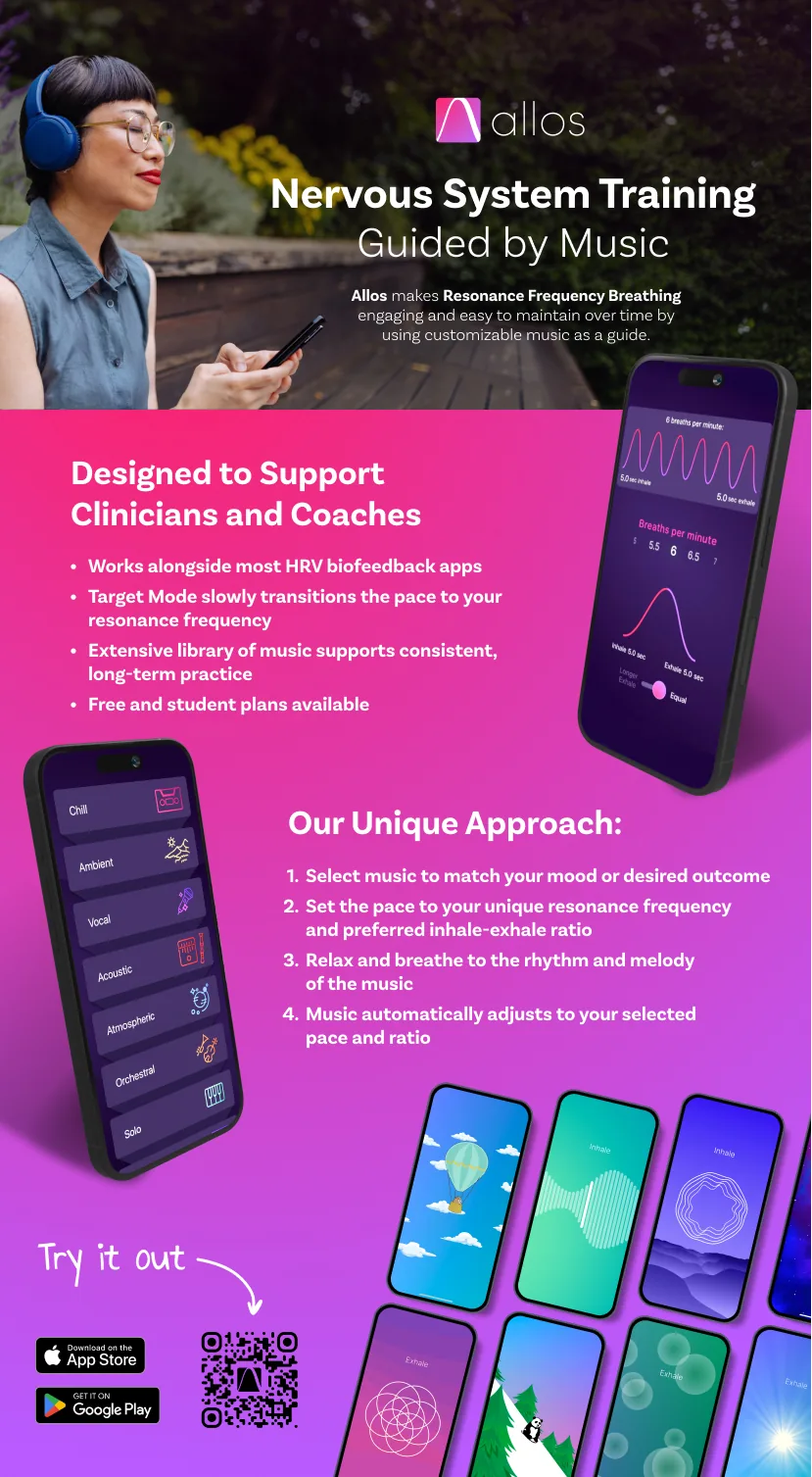 Allos rack card: Nervous system training guided by music, designed to support clinicians and coaches