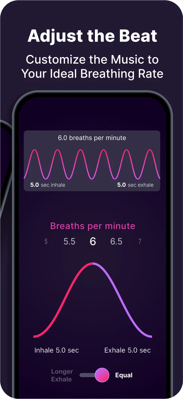 Allos pace screen showing breaths per minute and the inhale to exhale ratio