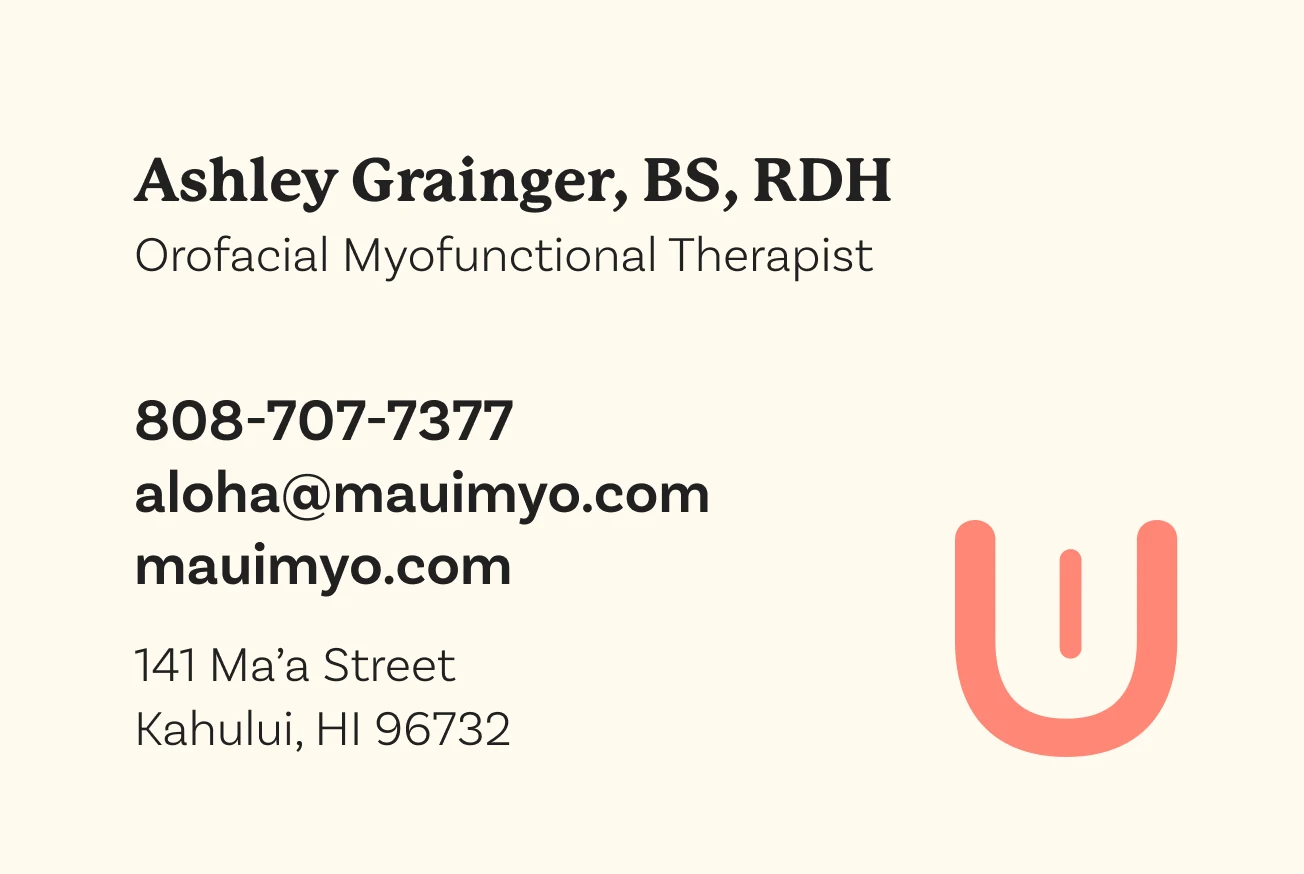 Maui Myo business card with contact details and the coral u mark