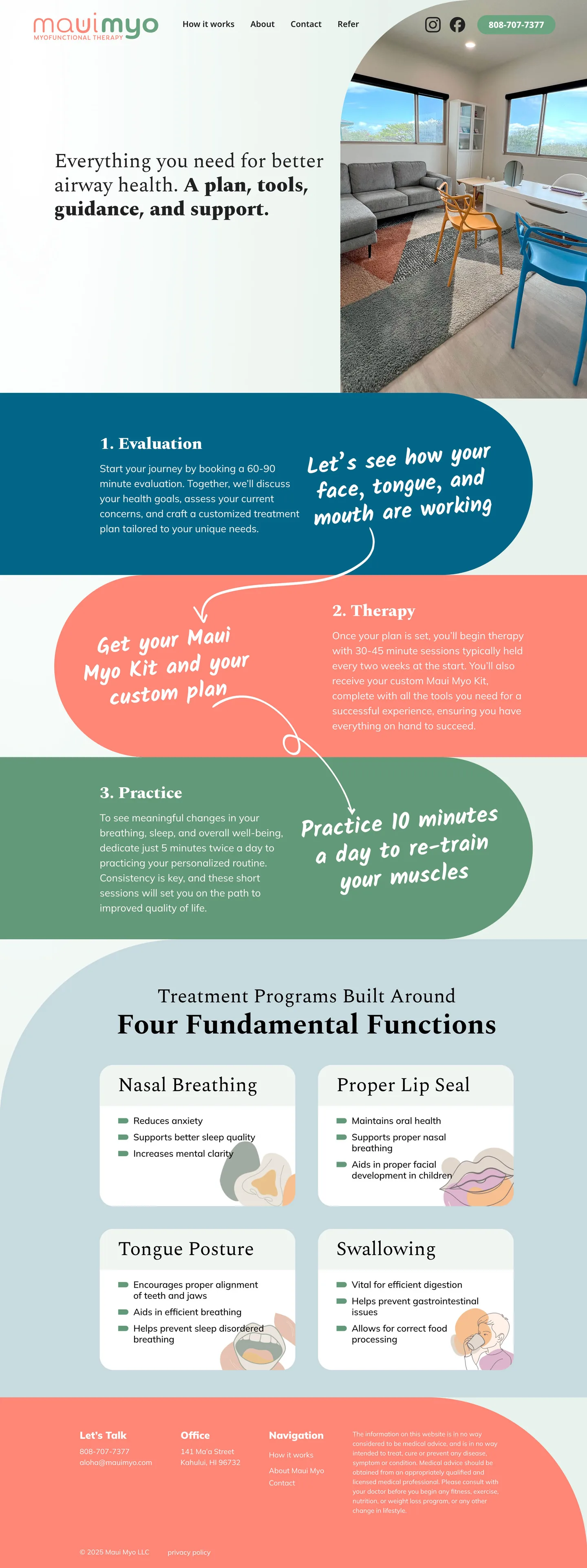 Maui Myo How it works page: evaluation, therapy and practice, then four fundamental functions