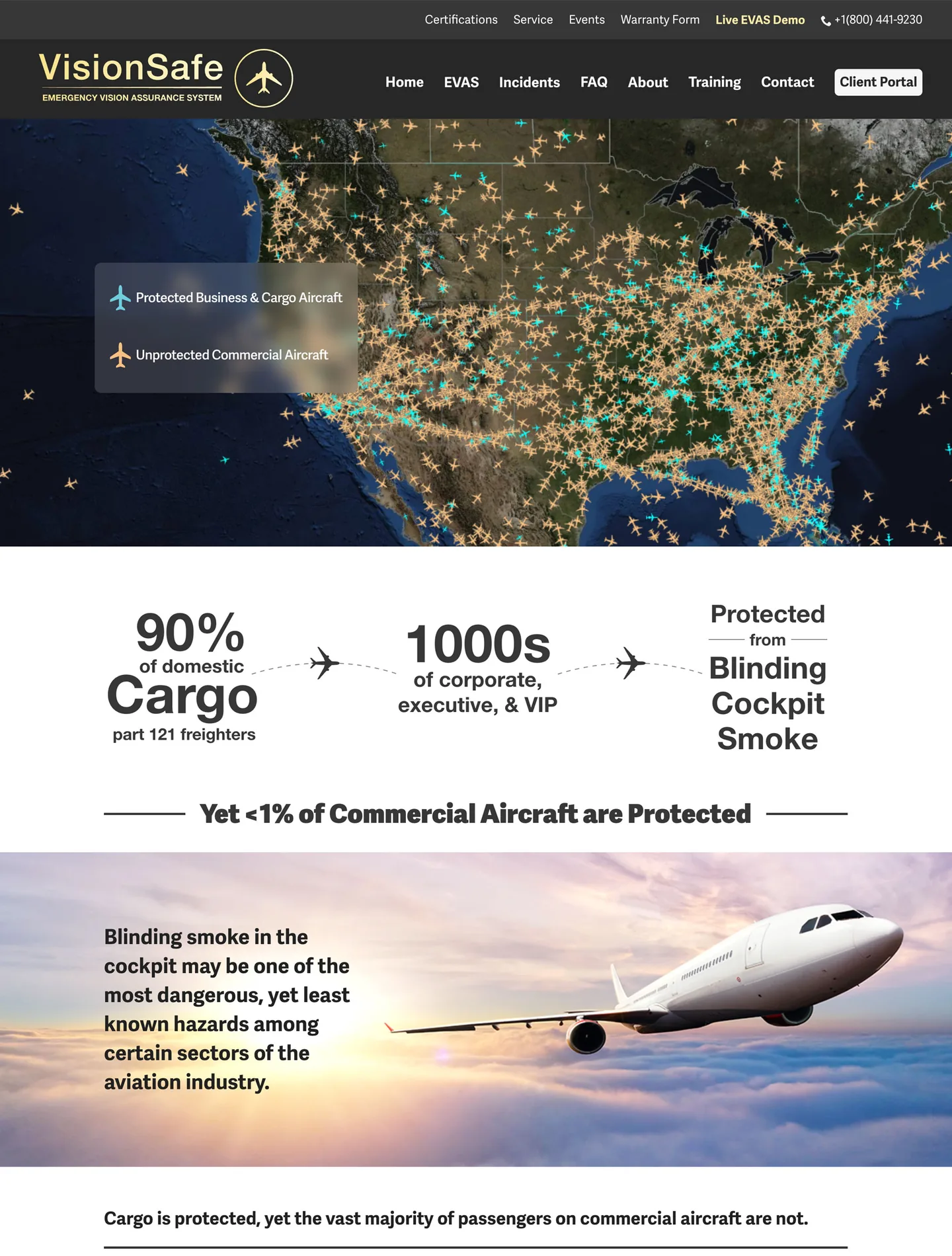 VisionSafe home page with a map of protected and unprotected aircraft over the United States